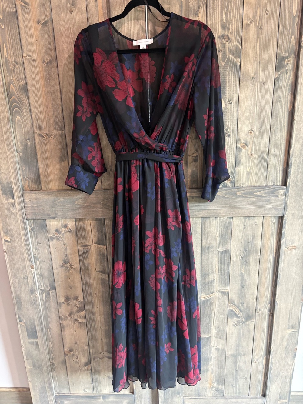 Floral Wrap Midi Dress - Black with Burgundy & Navy